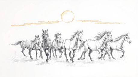 A captivating hand-drawn sketch depicts a herd of wild horses galloping under a vibrant, glowing sky.  Rendered with rough li