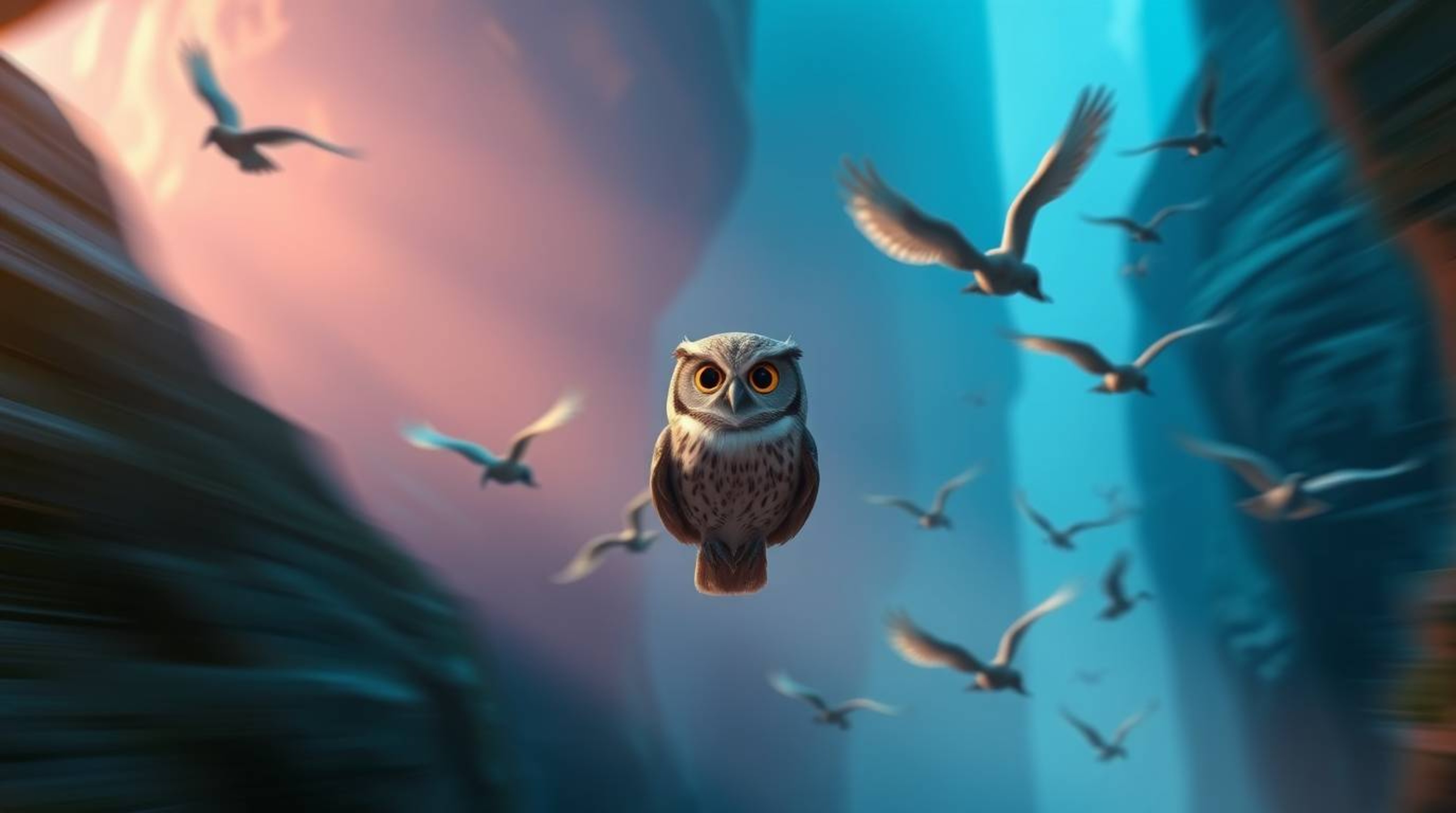 This cinematic, long-exposure photograph captures a blind owl with a wise expression guiding birds through a magnificent cany