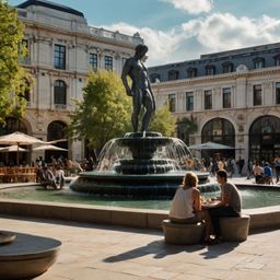 Experience the vibrant energy of a bustling city square, where modern sculptures and refreshing fountains create a captivatin
