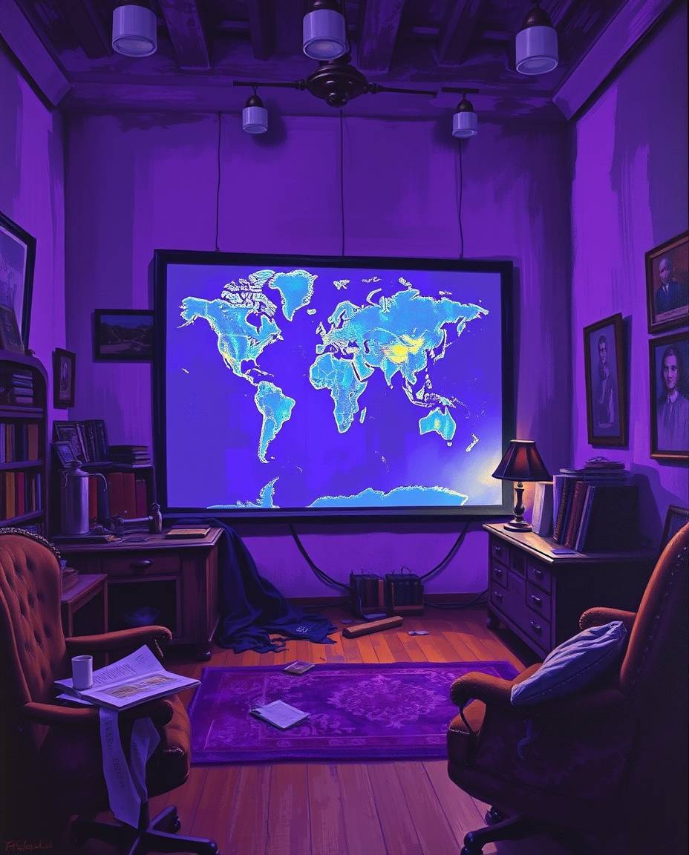 This captivating oil painting depicts a glowing map projected in an old study, brought to life with deep ultraviolet hues and