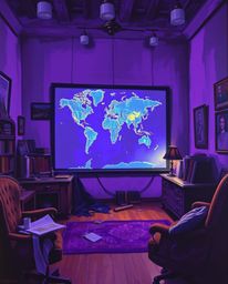 This captivating oil painting depicts a glowing map projected in an old study, brought to life with deep ultraviolet hues and