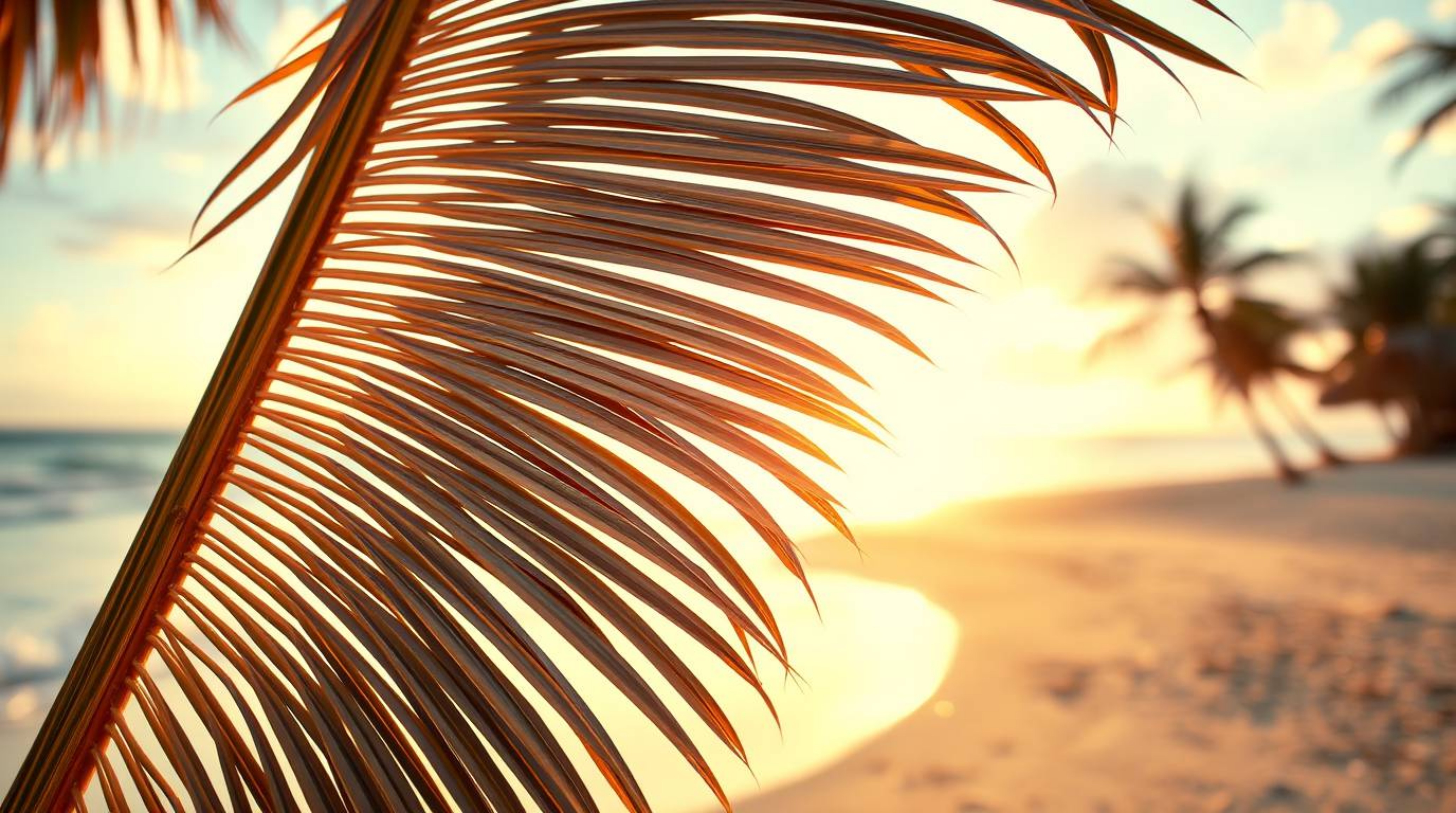 Experience the serenity of a tropical beach at sunset with this close-up shot of a swaying palm frond. The image captures the