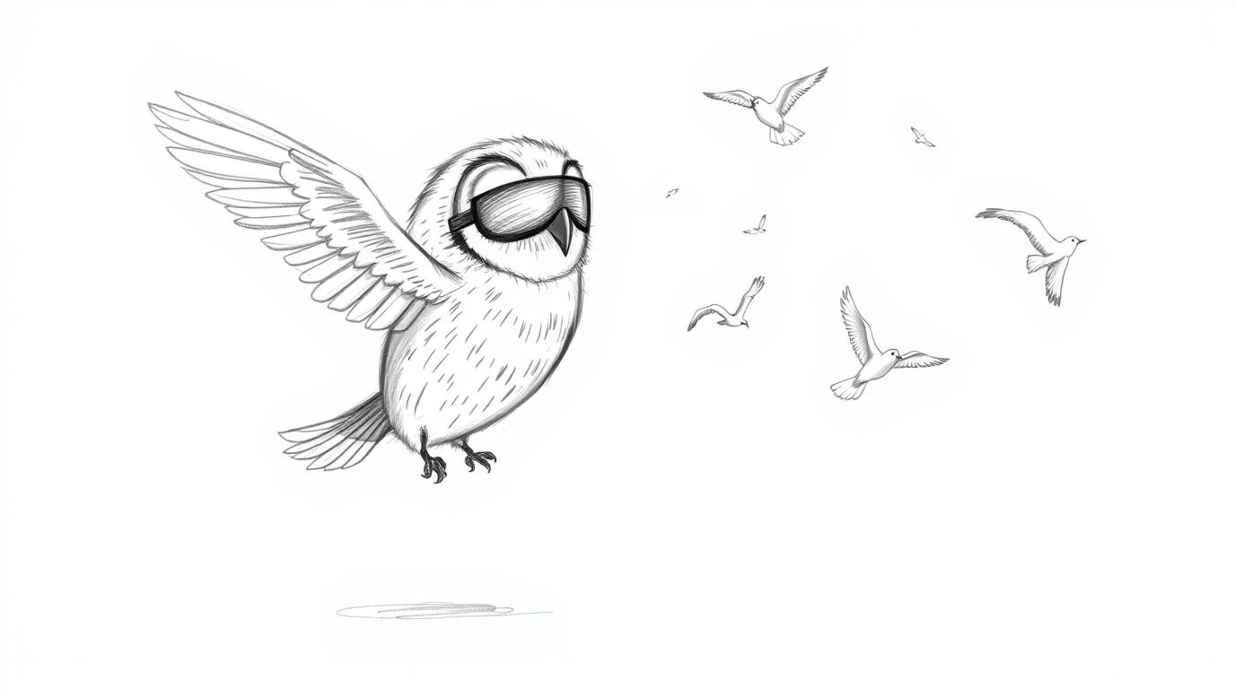 A heartwarming hand-drawn sketch in the style of Pixar depicts a unique scene: a blind owl, rendered with textured pencil str