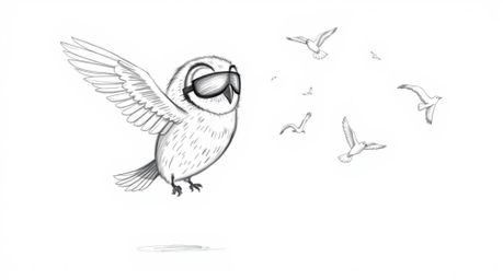 A heartwarming hand-drawn sketch in the style of Pixar depicts a unique scene: a blind owl, rendered with textured pencil str
