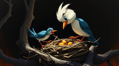 Experience the charm of classic animation blended with the rich texture of oil painting. Two cartoon birds diligently build
