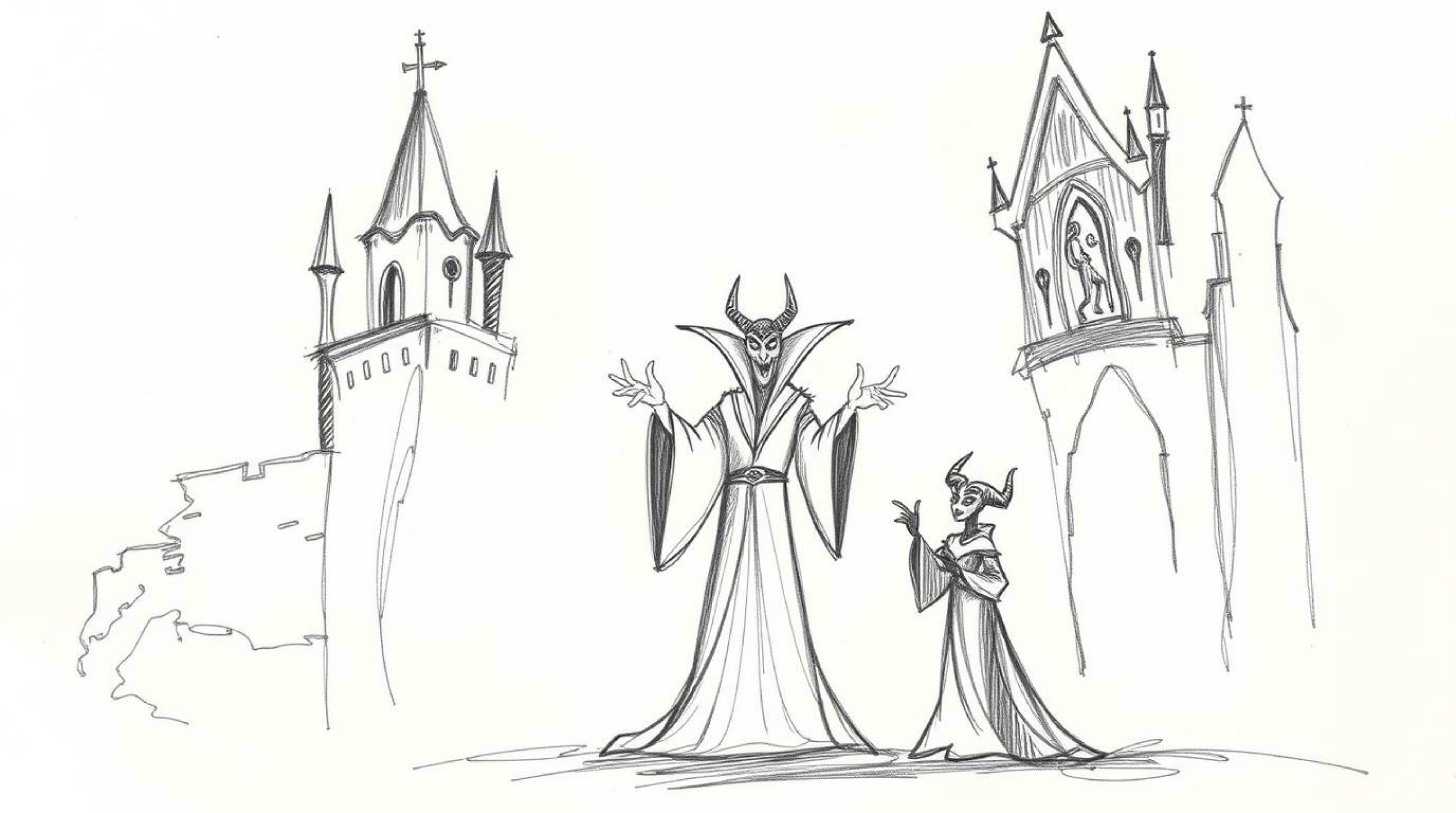 A captivating hand-drawn sketch depicts a classic Disney villain in the midst of casting a powerful spell within the aged wal