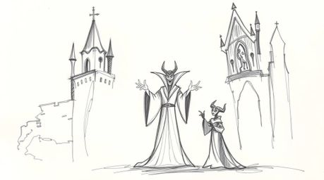 A captivating hand-drawn sketch depicts a classic Disney villain in the midst of casting a powerful spell within the aged wal