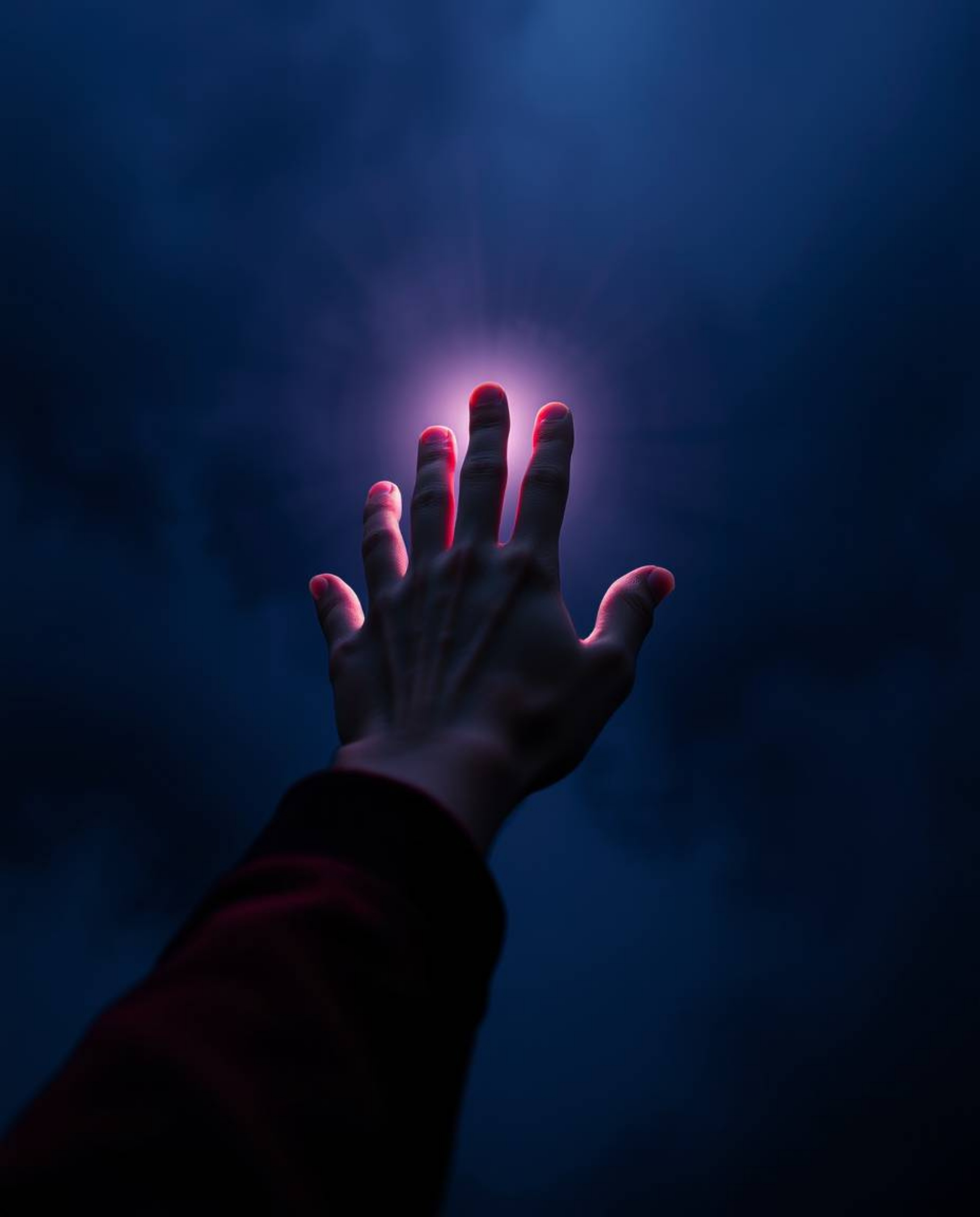 A captivating image depicting a hand reaching towards a light source emerging from a dark, foggy environment.  The rich burgu