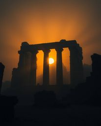 Witness the dramatic effect of volumetric lighting illuminating ancient stone ruins at sunset, casting eerie shadows that sli