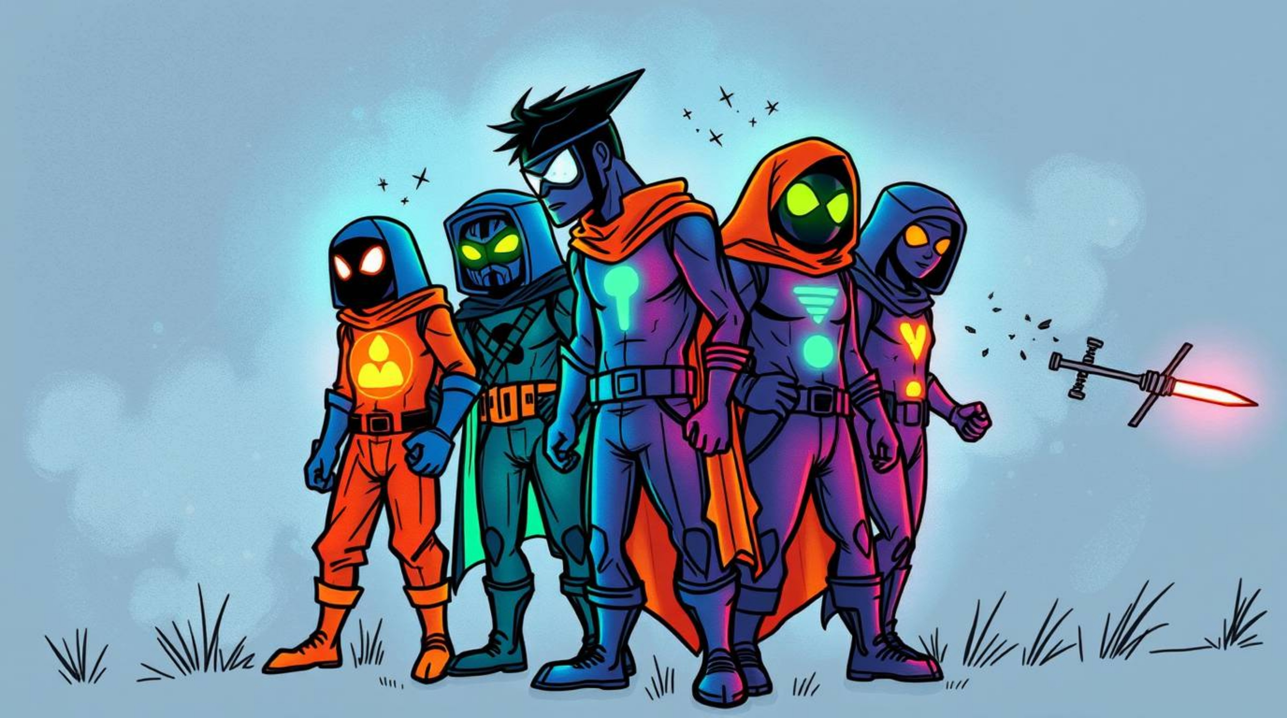 A captivating hand-drawn sketchnote depicts a team of misfit heroes, their forms glowing with vibrant bioluminescent colors. 