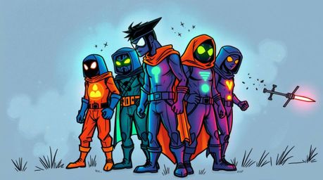 A captivating hand-drawn sketchnote depicts a team of misfit heroes, their forms glowing with vibrant bioluminescent colors. 