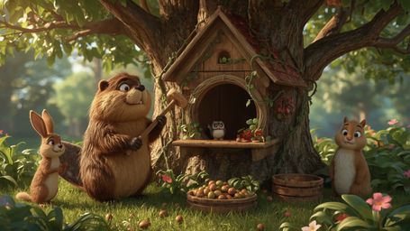 A detailed, high-resolution, commercial-grade stock photo, expertly crafted in a vibrant, whimsical Pixar style, shows a beav