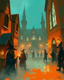Discover a captivating digital sketch depicting a magical school brimming with young wizards. The artwork features a warm te