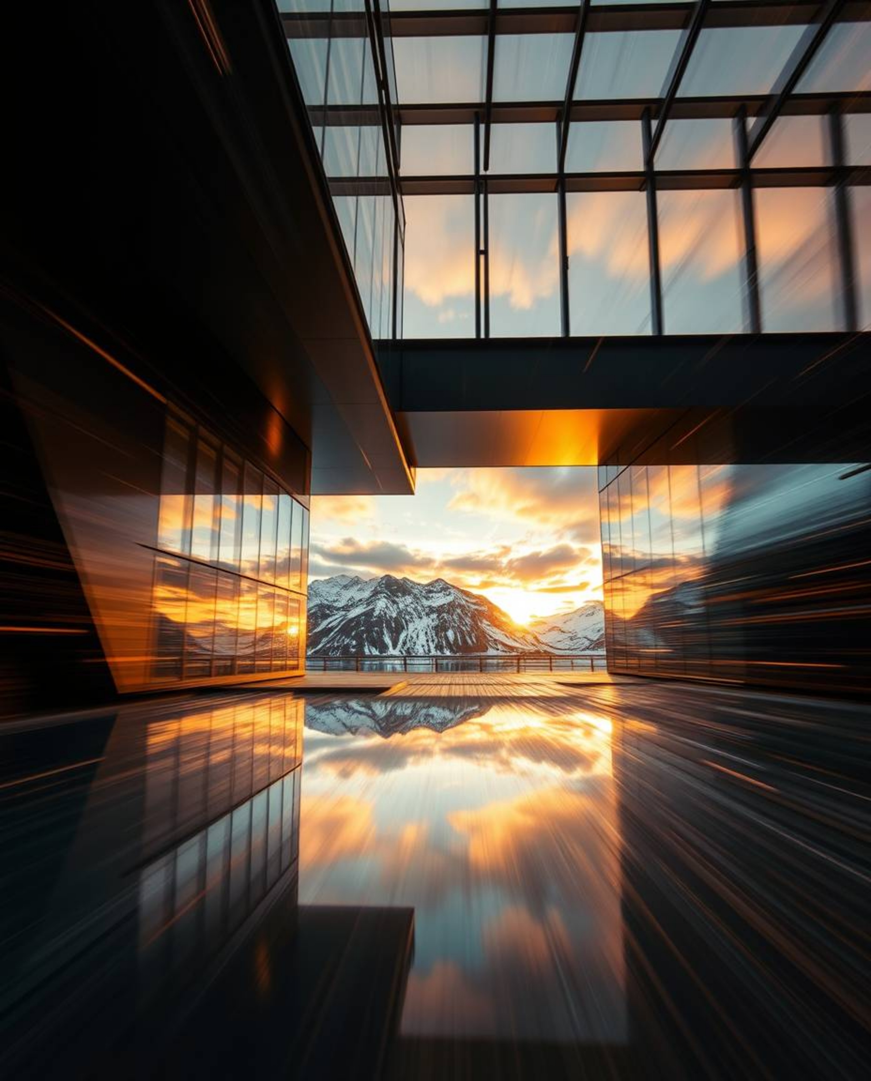 A dynamic, high-motion architectural color photograph showcasing the reflection of a sunset in a glassy fjord. This image emp