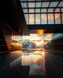 A dynamic, high-motion architectural color photograph showcasing the reflection of a sunset in a glassy fjord. This image emp