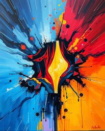 This bold acrylic painting captures the chaotic beauty of a digital glitch landscape breaking apart. Intense dramatic lightin