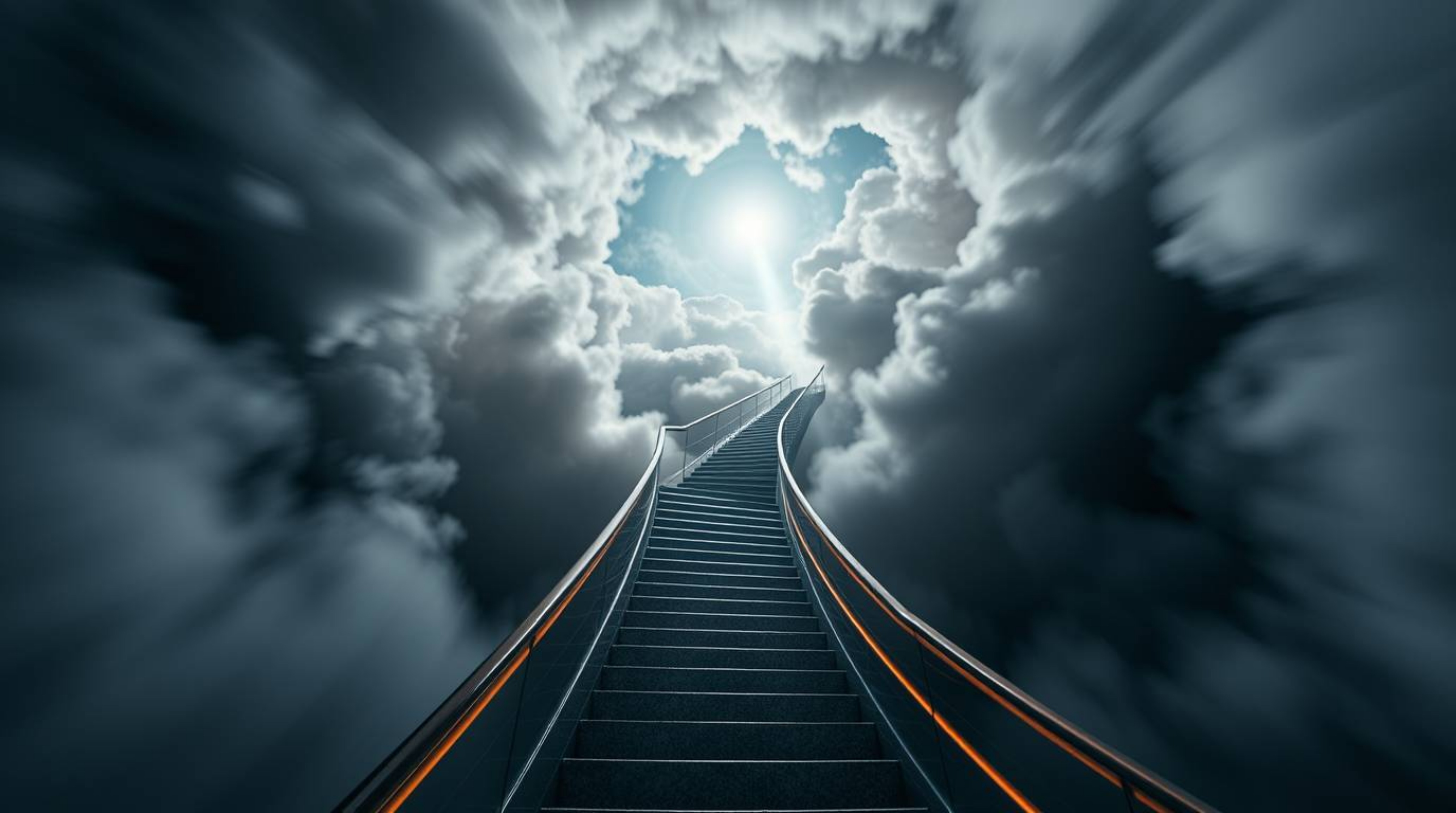 A high-angle, long-exposure photograph capturing a surreal stairway winding through smoky clouds towards a celestial light. T