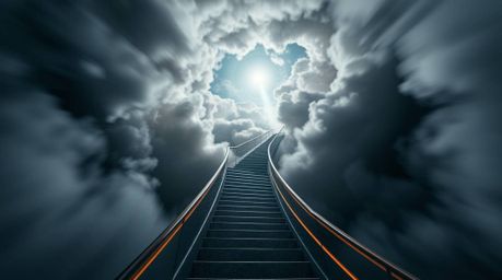 A high-angle, long-exposure photograph capturing a surreal stairway winding through smoky clouds towards a celestial light. T