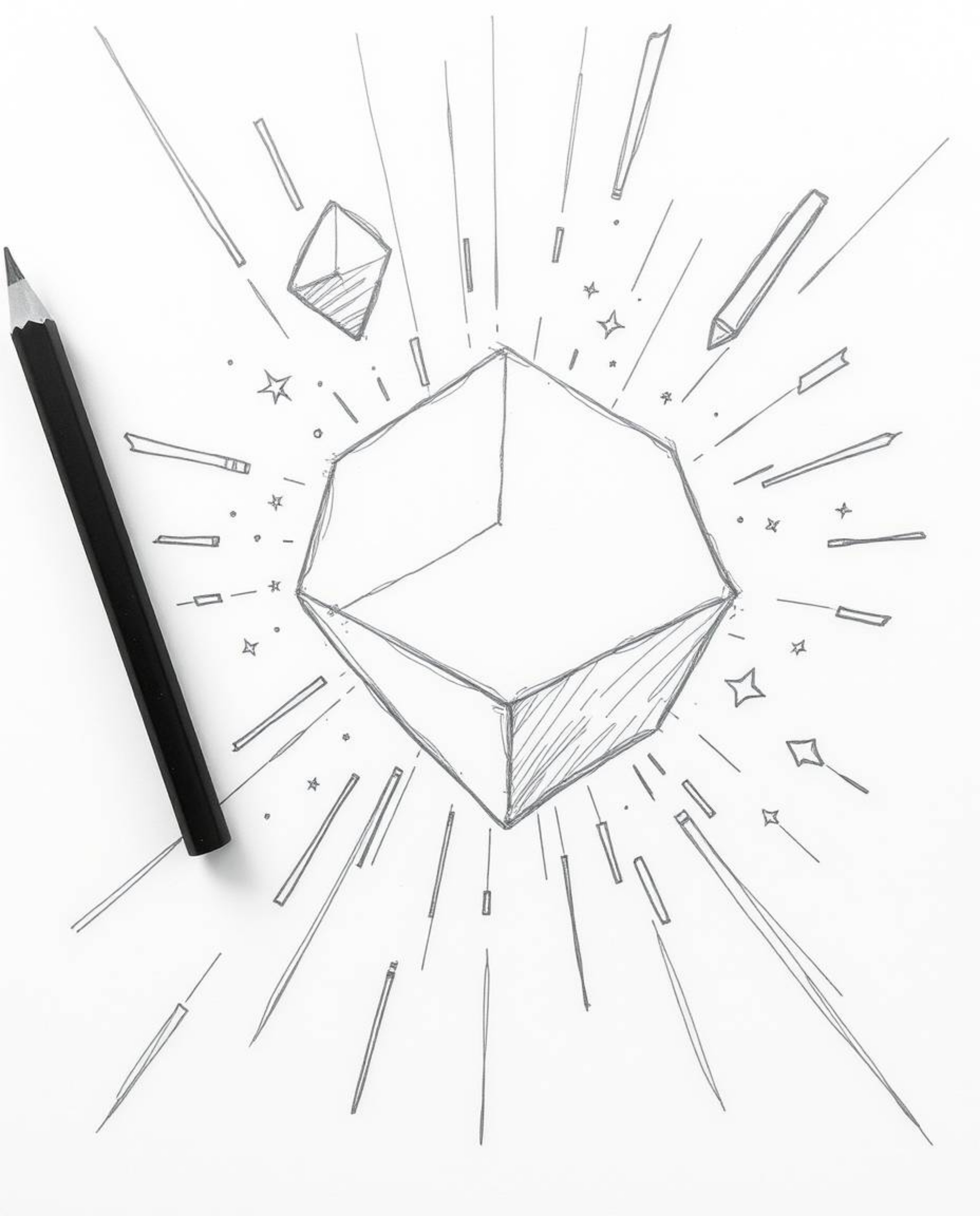 A captivating hand-drawn sketch depicting glitched geometric shapes floating in a cyberspace environment.  Evoking a strong M