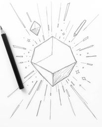 A captivating hand-drawn sketch depicting glitched geometric shapes floating in a cyberspace environment.  Evoking a strong M
