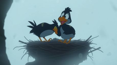 A captivating close-up reveals two cartoon birds meticulously constructing a nest shrouded in thick fog.  The classic animati