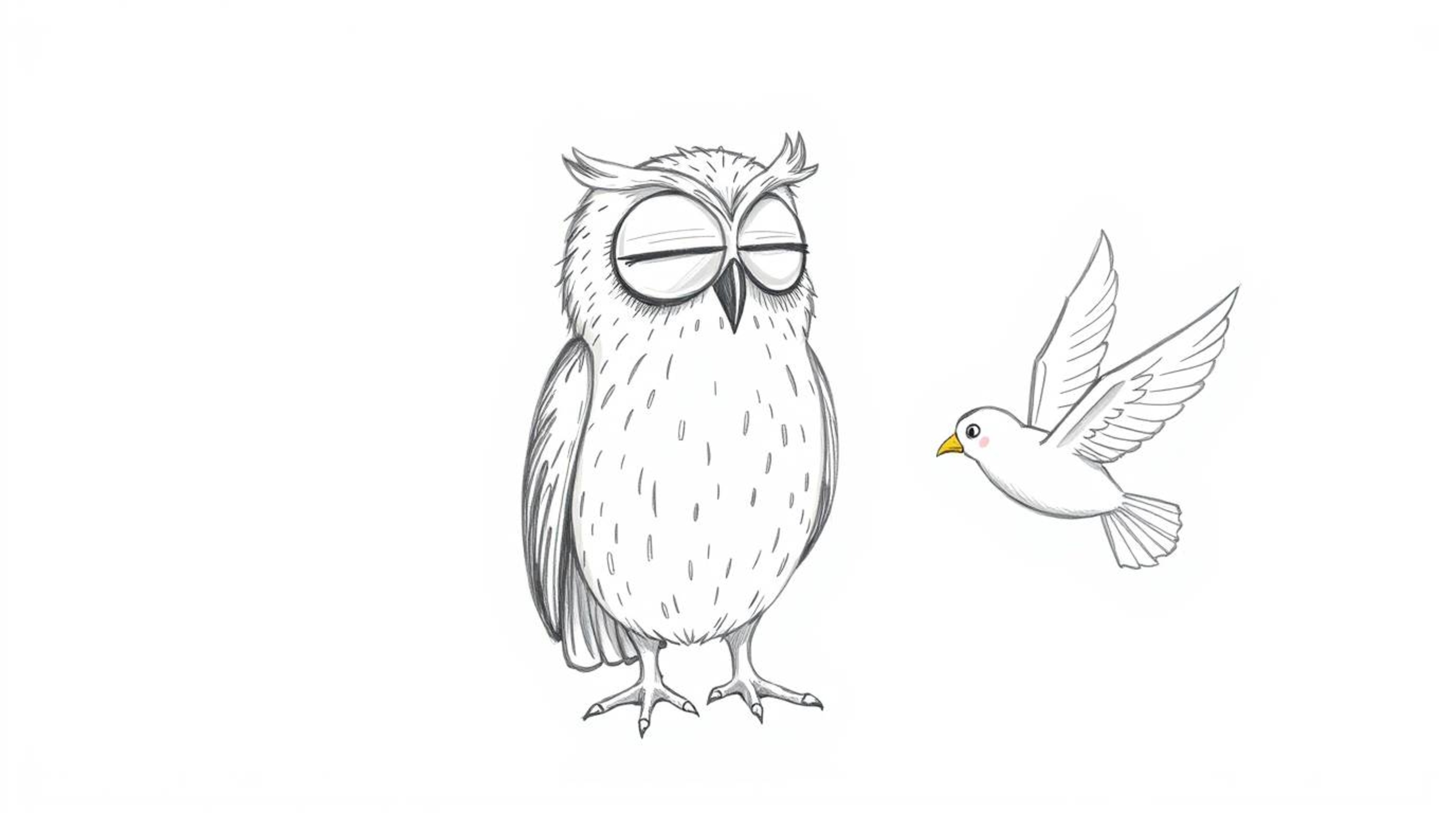 A heartwarming hand-drawn sketch in the style of Pixar depicts a blind owl patiently guiding birds to fly.  Rendered with tex