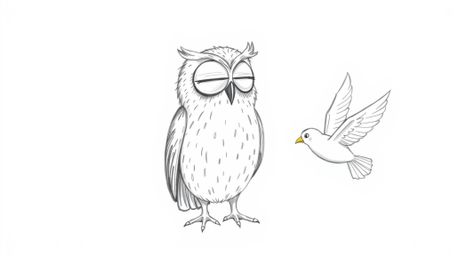 A heartwarming hand-drawn sketch in the style of Pixar depicts a blind owl patiently guiding birds to fly.  Rendered with tex