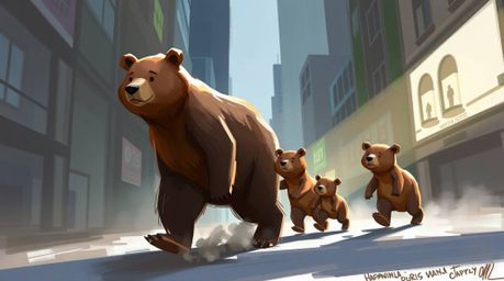 Discover a charming digital painting depicting a bear family's whimsical urban adventure.  This artwork features loose painte