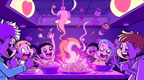 A chaotic yet adorable cartoon cafeteria food fight explodes in deep ultraviolet hues.  Charming characters, rendered with vi
