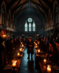 Explore a magical school teeming with young wizards, captured with intense dramatic lighting and high contrast to create a pa