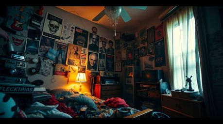 A dramatically lit, low-angle perspective captures the chaos of a messy bedroom filled with peculiar gadgets and posters, cre