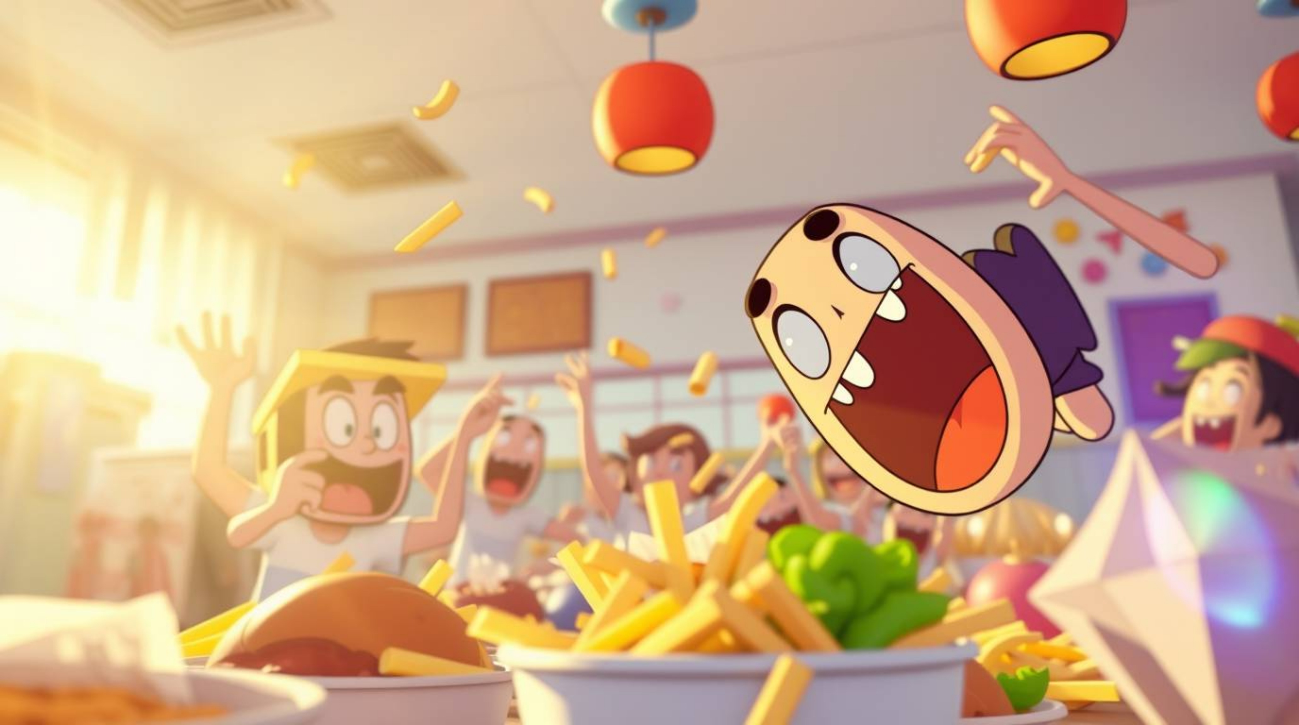 A captivating close-up shot of a chaotic cartoon cafeteria food fight explodes with bright lens flare and vibrant colors.  Th
