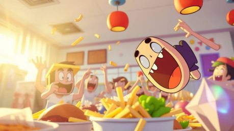 A captivating close-up shot of a chaotic cartoon cafeteria food fight explodes with bright lens flare and vibrant colors.  Th