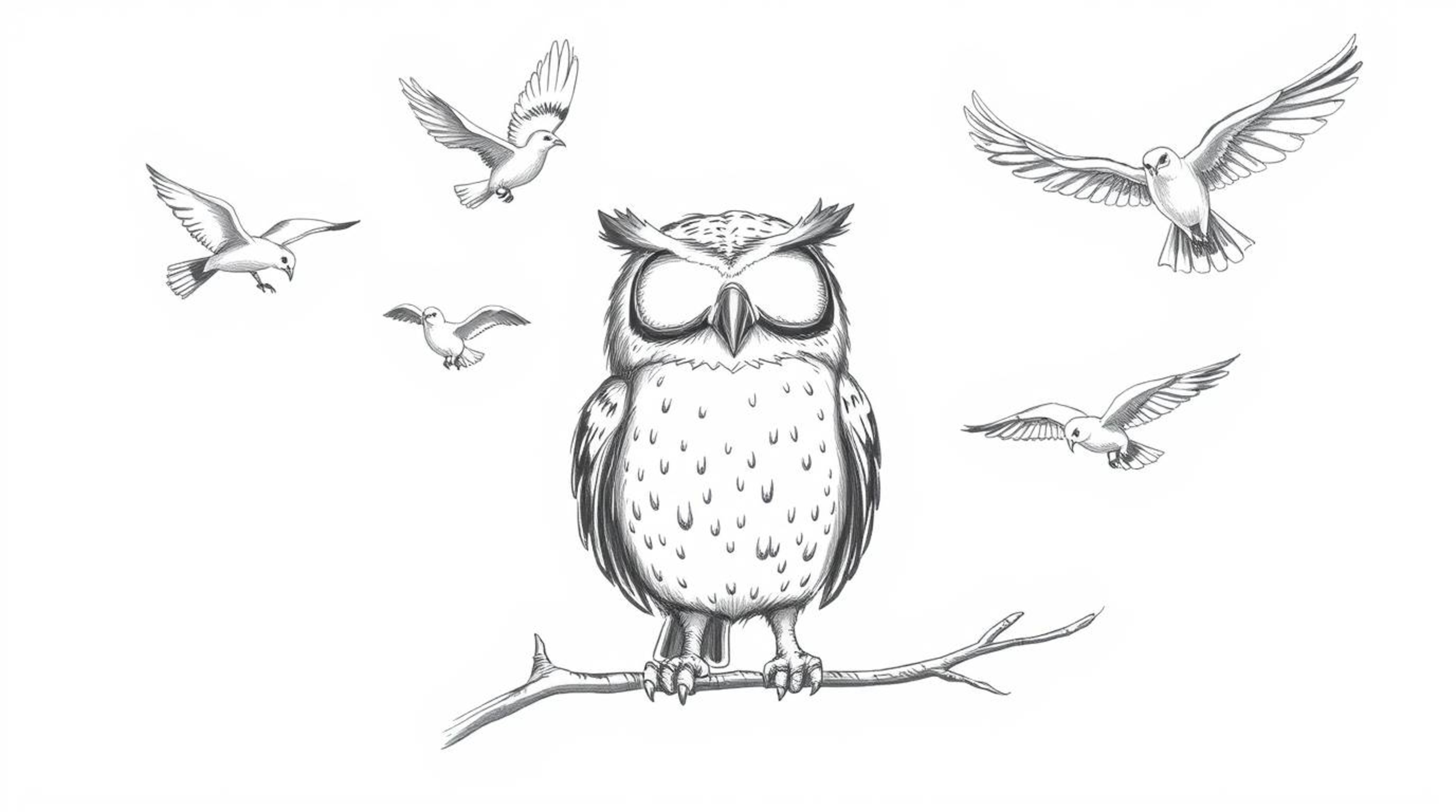 A heartwarming hand-drawn Pixar style sketch portrays a blind owl guiding various birds in flight. The owl's face exudes wisd