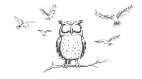 A heartwarming hand-drawn Pixar style sketch portrays a blind owl guiding various birds in flight. The owl's face exudes wisd