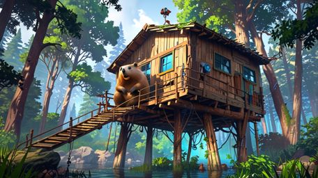 In a whimsical scene that blends the styles of Pixar and anime, a beaver stands beside the perfect treehouse it has built for