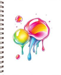 Explore a captivating hand-drawn sketch featuring floating 3D blobs of fluid jelly. This artwork showcases vibrant colors and