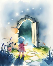 A captivating watercolor painting showcases a child's enchanting discovery: a magical portal hidden in their backyard. The a