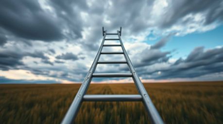 A silver ladder stands prominently in an open field beneath a wide, cloudy sky, creating a minimalist scene ripe with abstrac