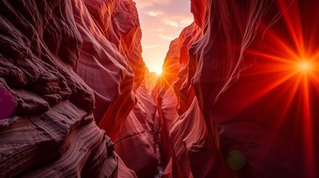 Capture the breathtaking beauty of a rocky canyon illuminated by the warm, vibrant hues of a setting sun. This image embodies