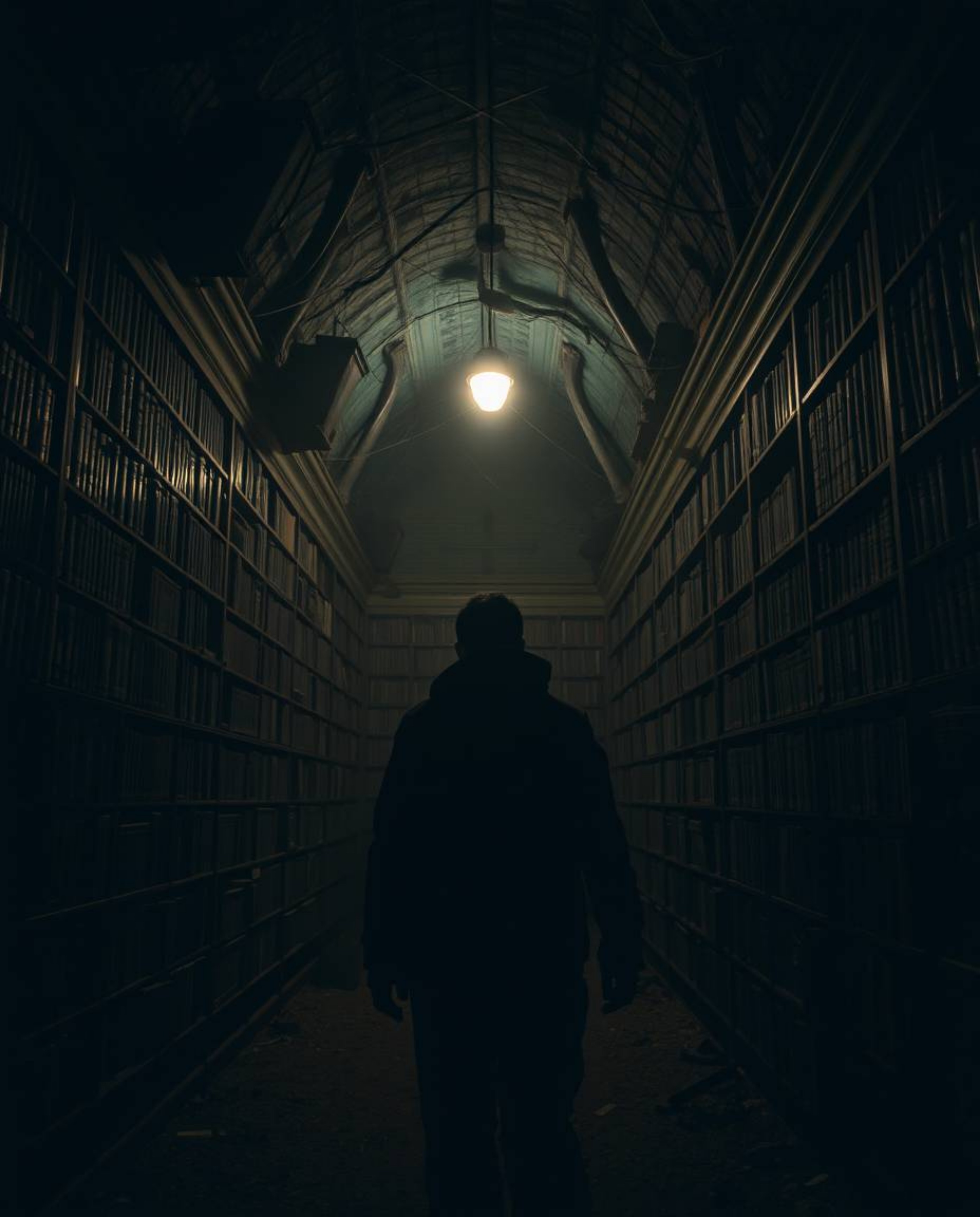 Discover a hidden underground library, shrouded in an eerie and creepy atmosphere. Dark tones and unsettling details create a