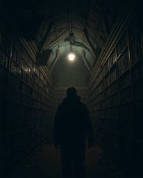 Discover a hidden underground library, shrouded in an eerie and creepy atmosphere. Dark tones and unsettling details create a