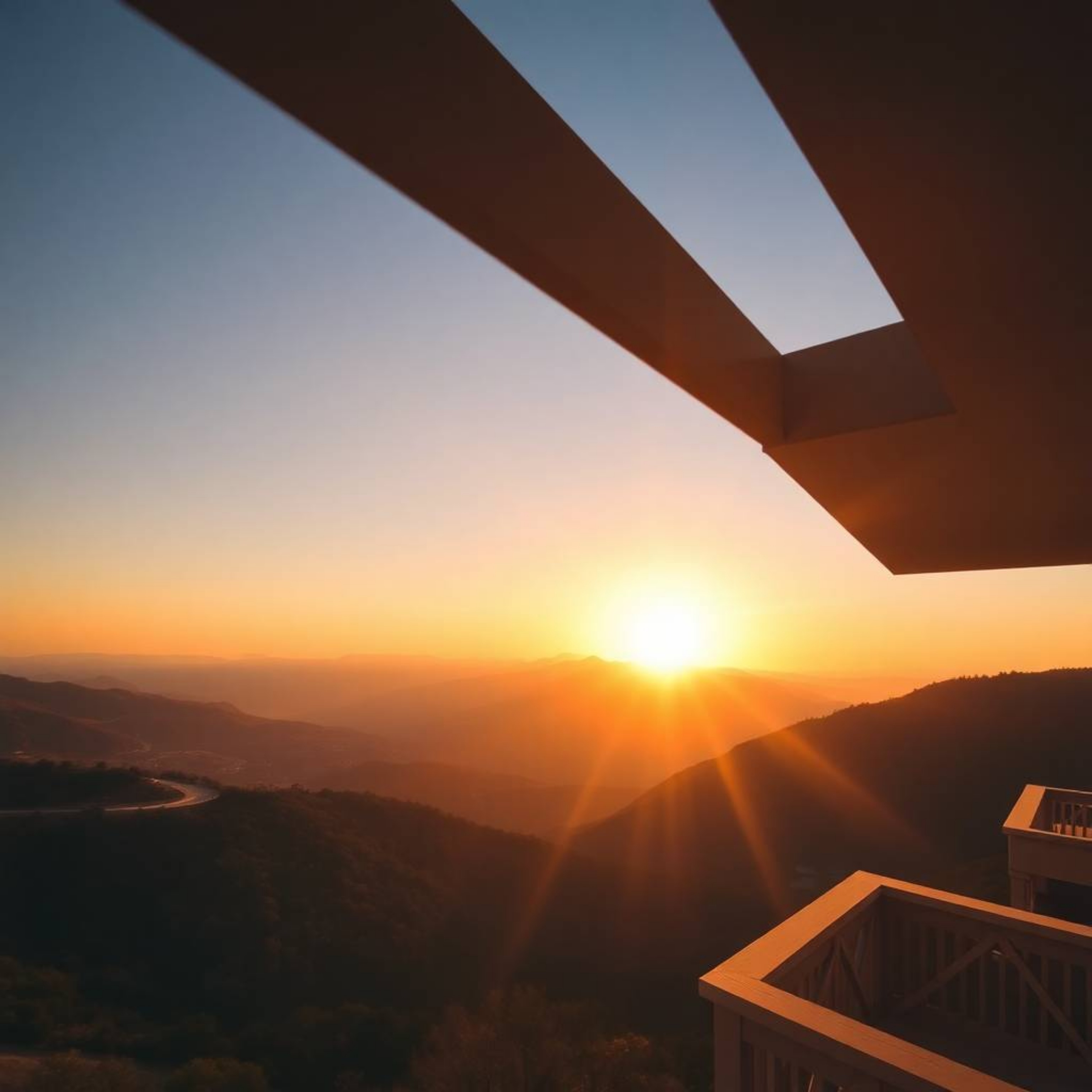 Capture the breathtaking beauty of a radiant and luxurious sunset over a quiet mountain valley with this precise architectura