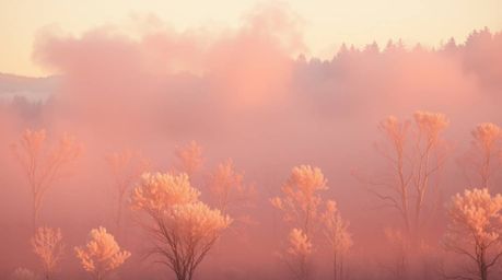 A captivating surreal infrared image depicting mist rising from a forest at golden hour.  The infrared tones create an otherw