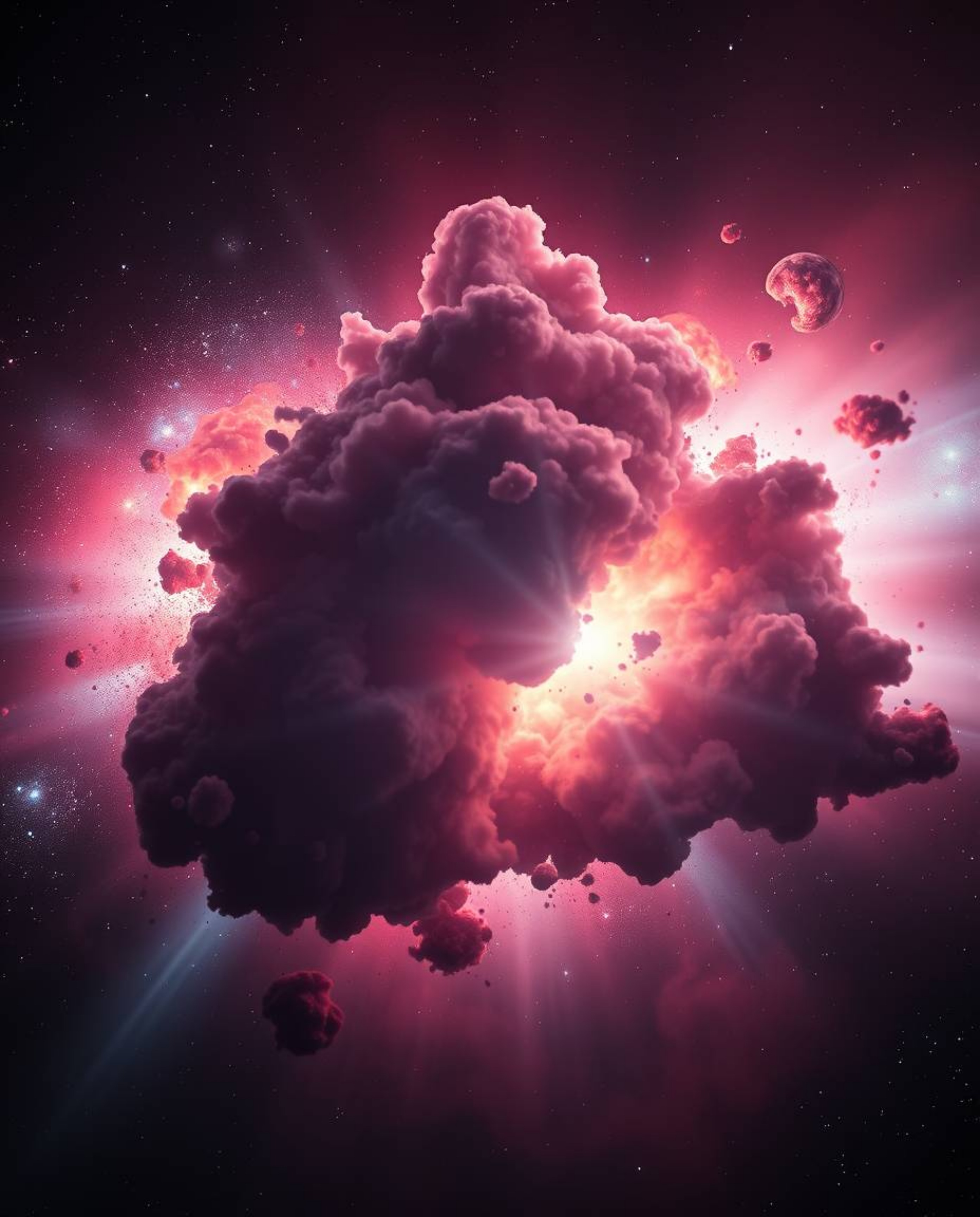 Witness a breathtaking cosmic event: a collision of galaxies exploding in a symphony of light and color. Bathed in rich burgu