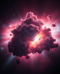 Witness a breathtaking cosmic event: a collision of galaxies exploding in a symphony of light and color. Bathed in rich burgu