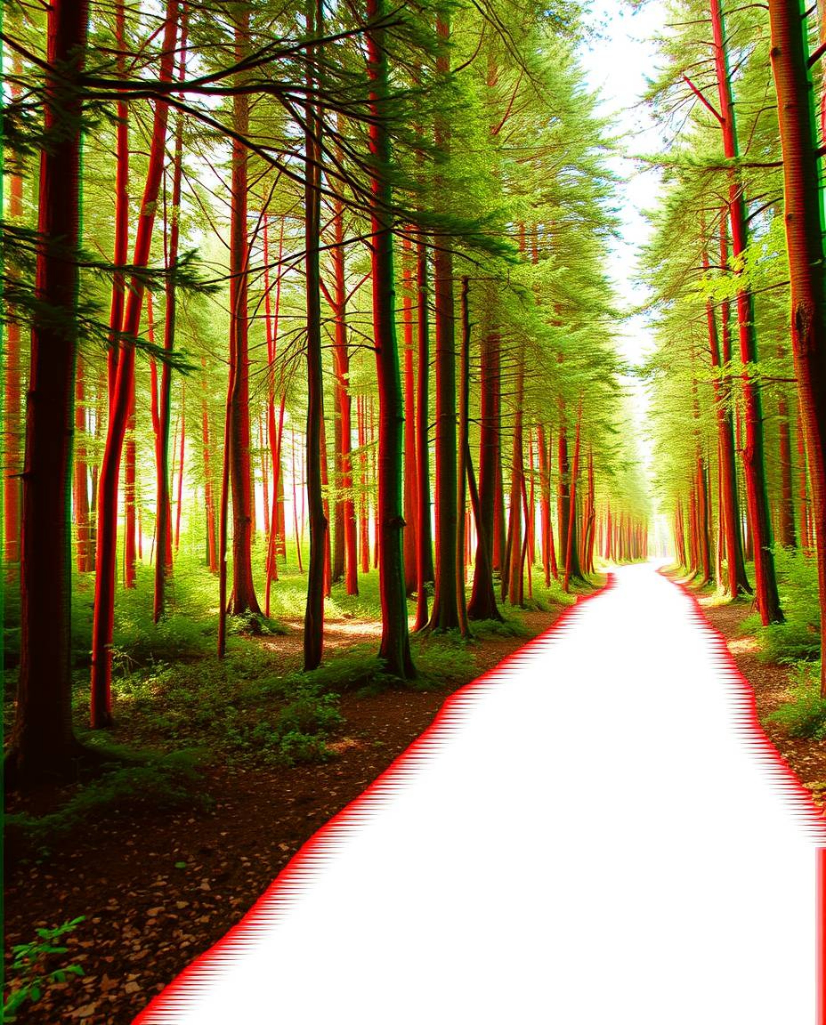 A captivating digital painting showcases a forest scene dramatically divided by a distinct digital glitch effect.  The surrea