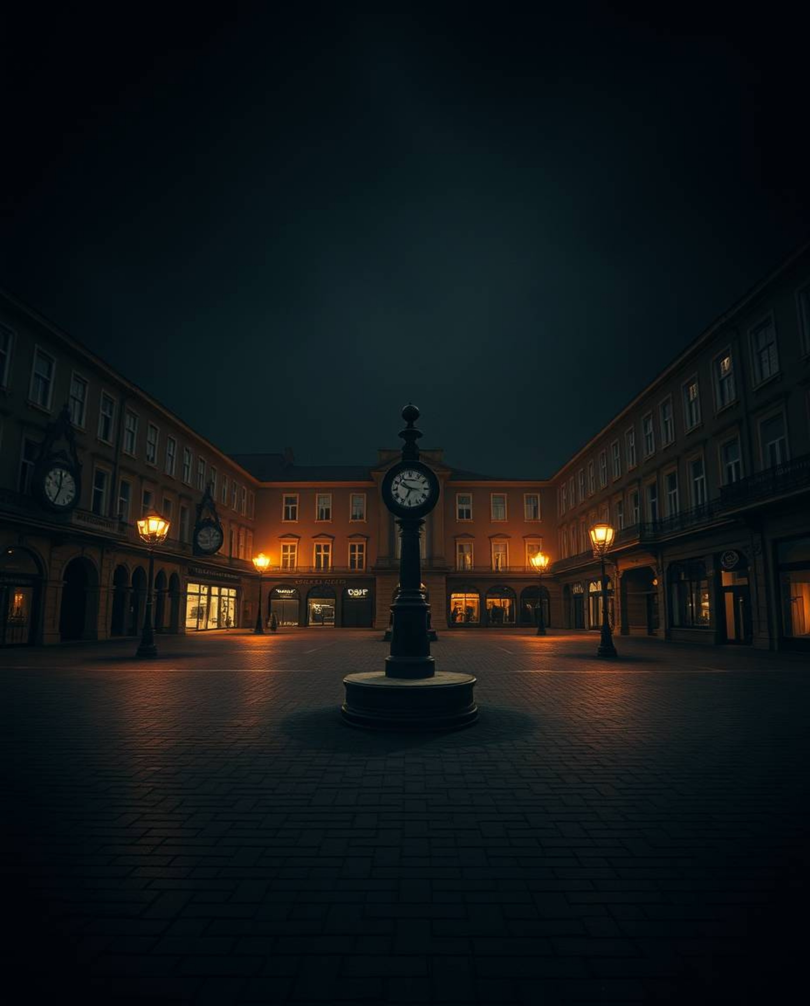 An intense and dramatic image capturing an empty town square, dominated by the unsettling sound of ticking clocks. The scene 