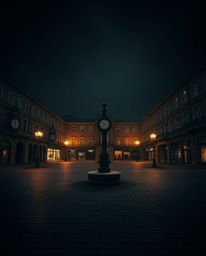 An intense and dramatic image capturing an empty town square, dominated by the unsettling sound of ticking clocks. The scene 