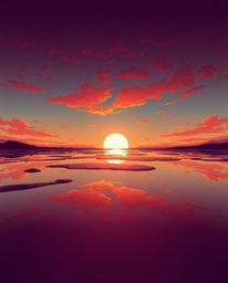 A high-angle perspective illustration captures a stunning sunset sky as it is mirrored in the tranquil tidal pools of a beach